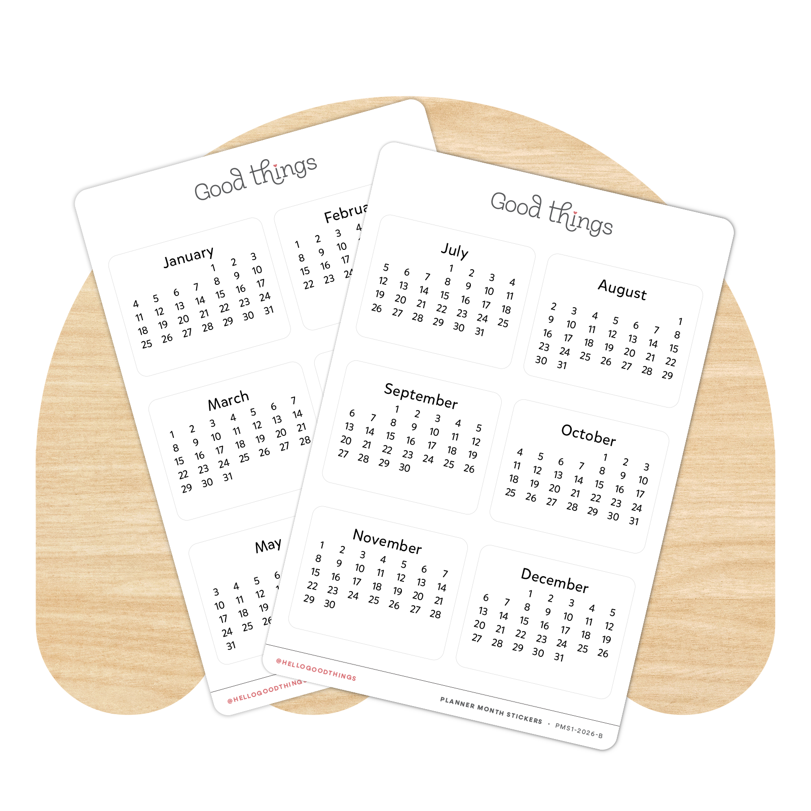 2026 Month Calendar Stickers