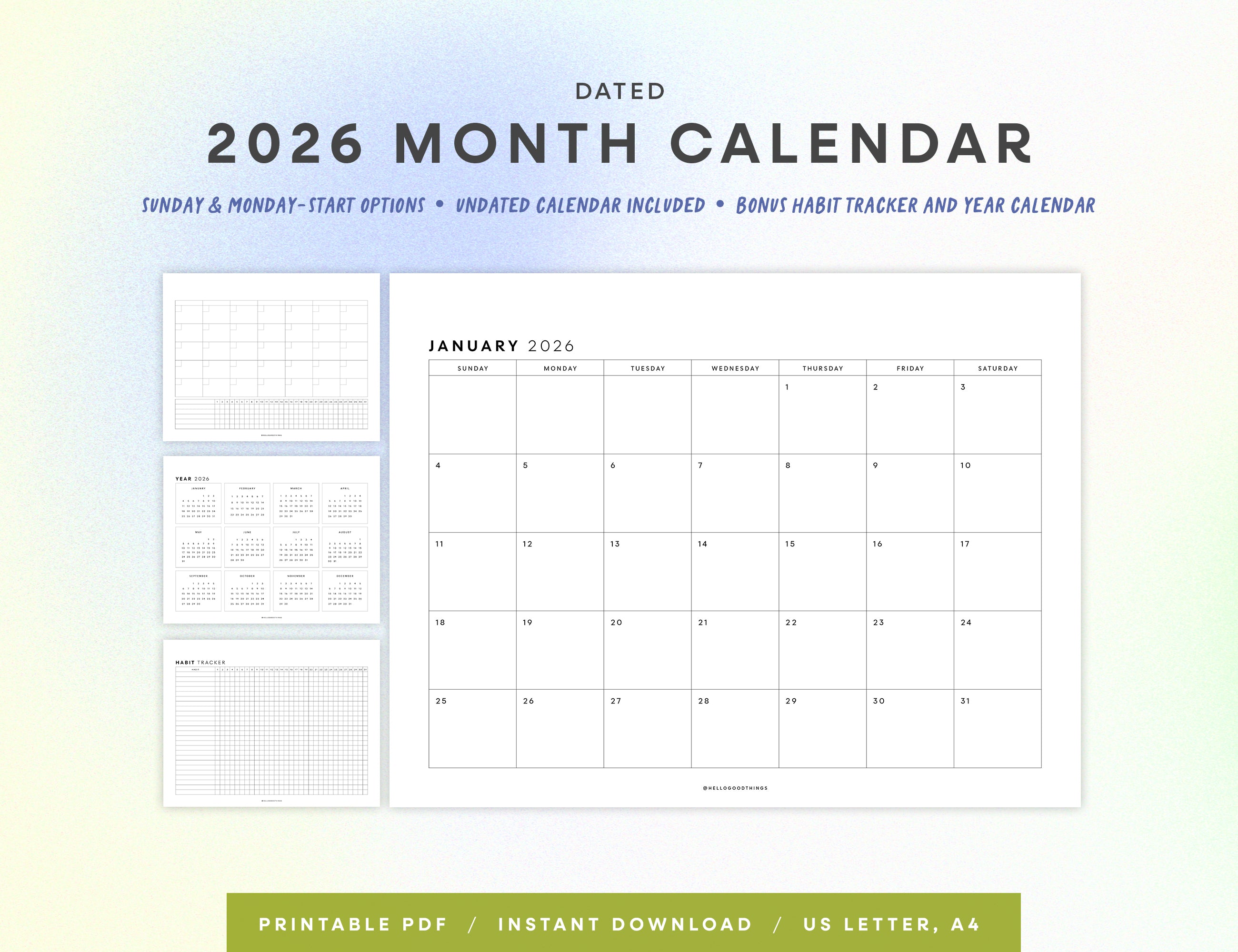 2026 Monthly Calendar Printable (Letter, A4, Half Letter)