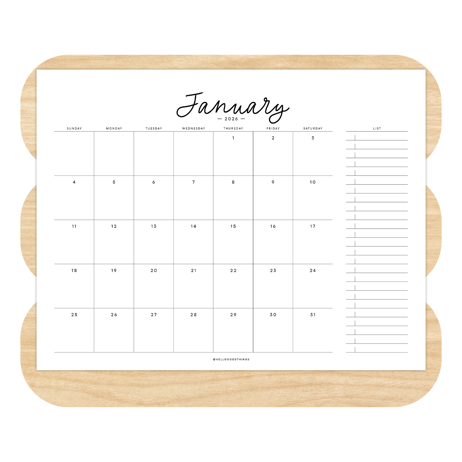 2026 Monthly Calendar Printable - Scripty (Letter, A4, Half Letter)