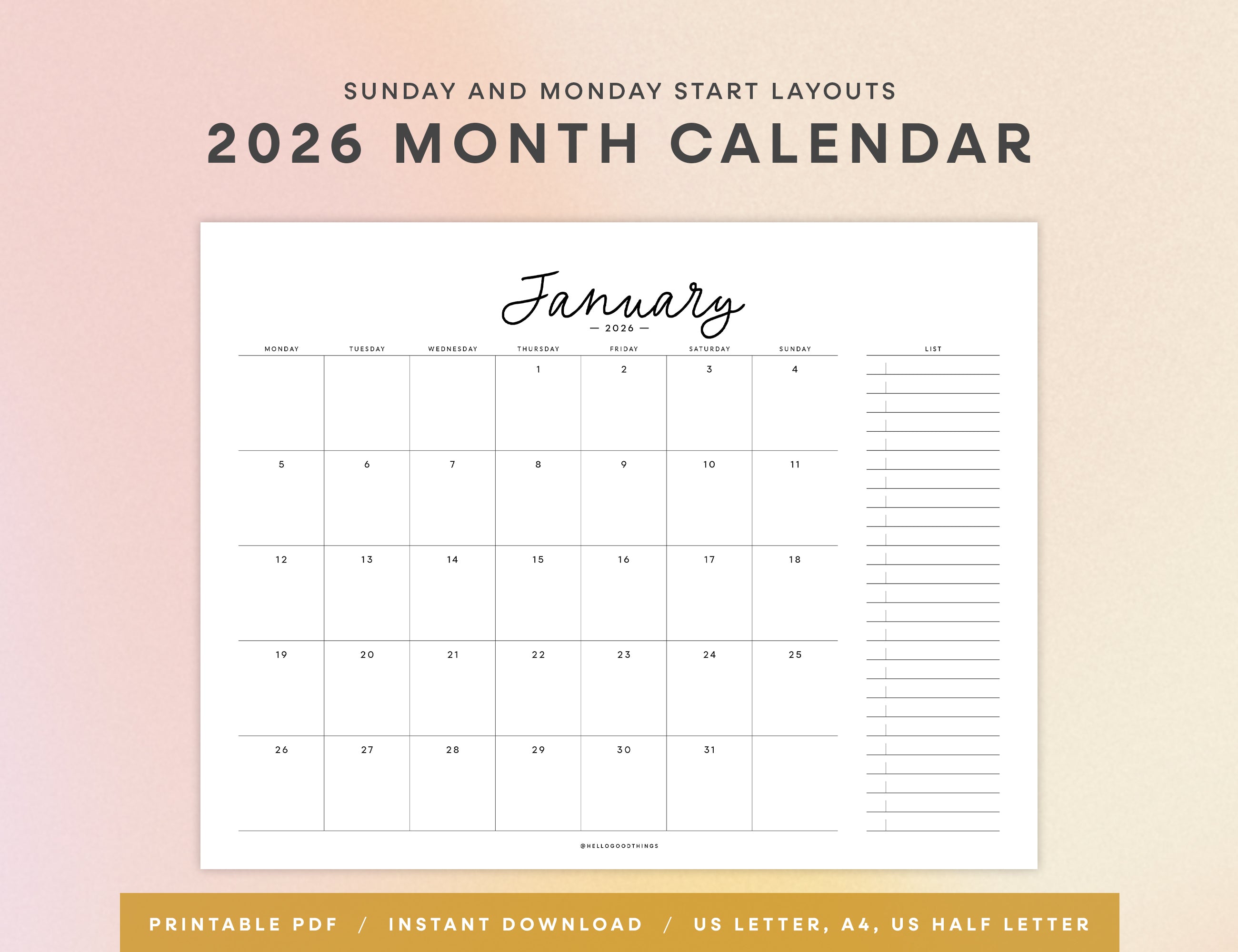 2026 Monthly Calendar Printable - Scripty (Letter, A4, Half Letter)