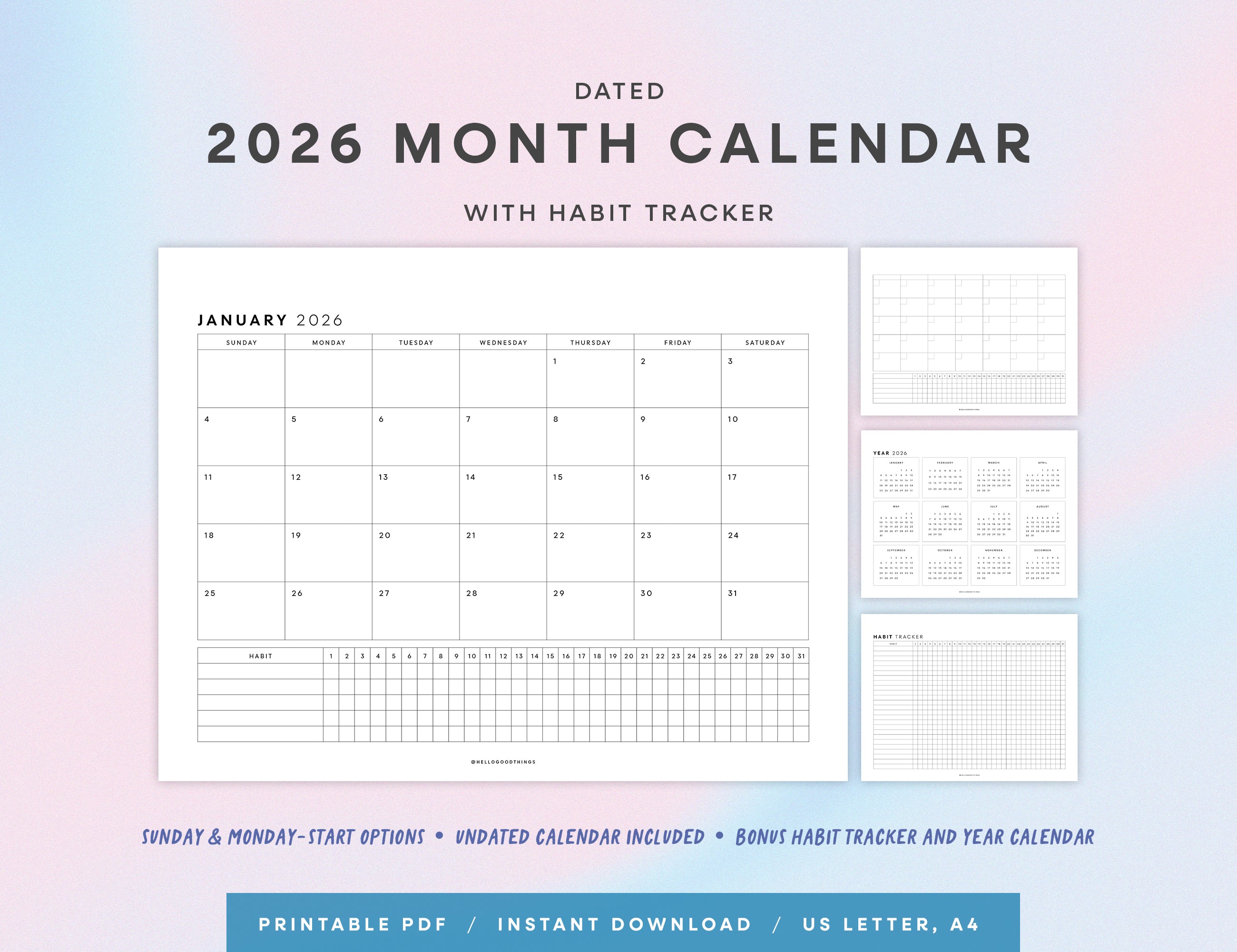 2026 Monthly Calendar with Habit Tracker Printable (Letter, A4)