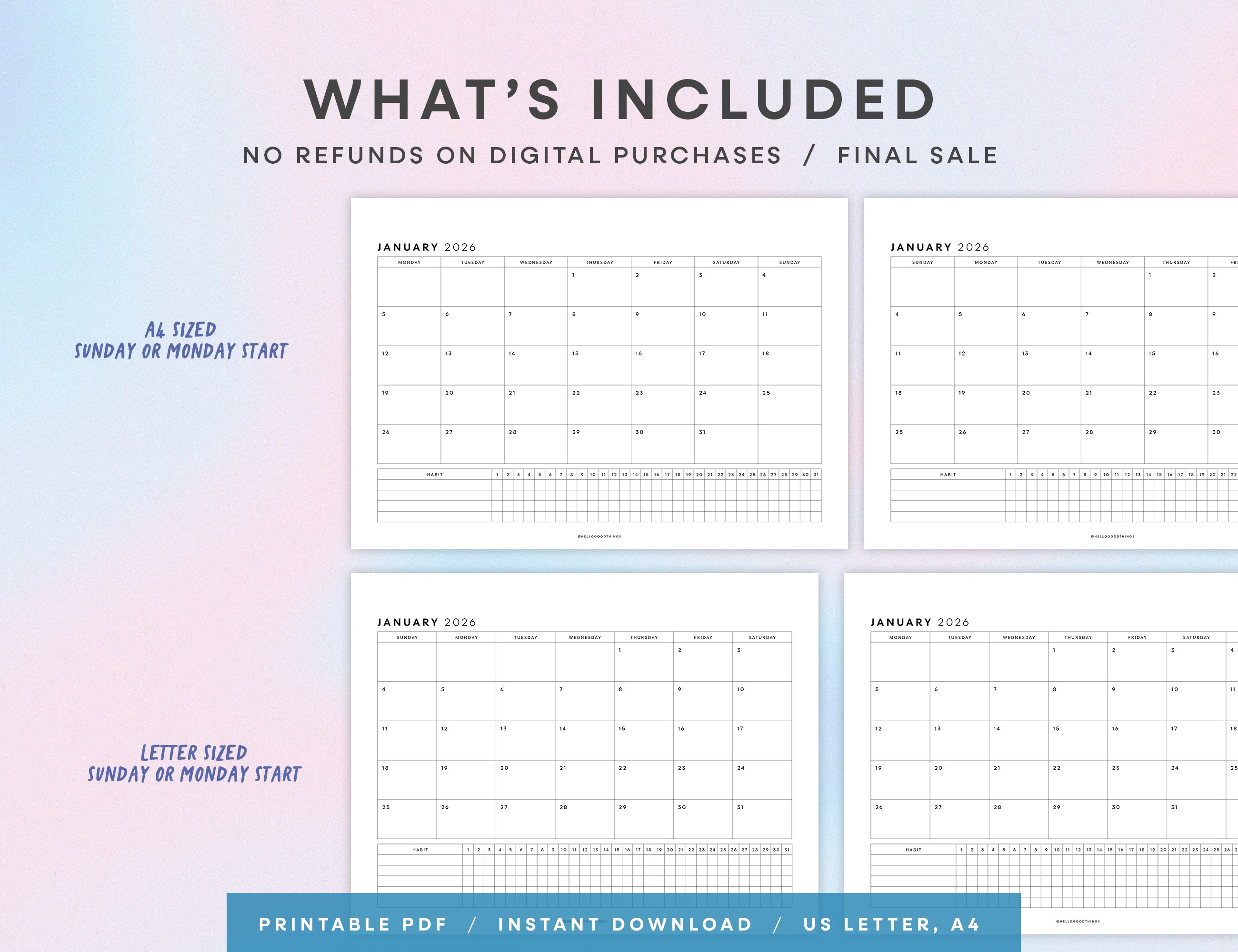 2026 Monthly Calendar with Habit Tracker Printable (Letter, A4)