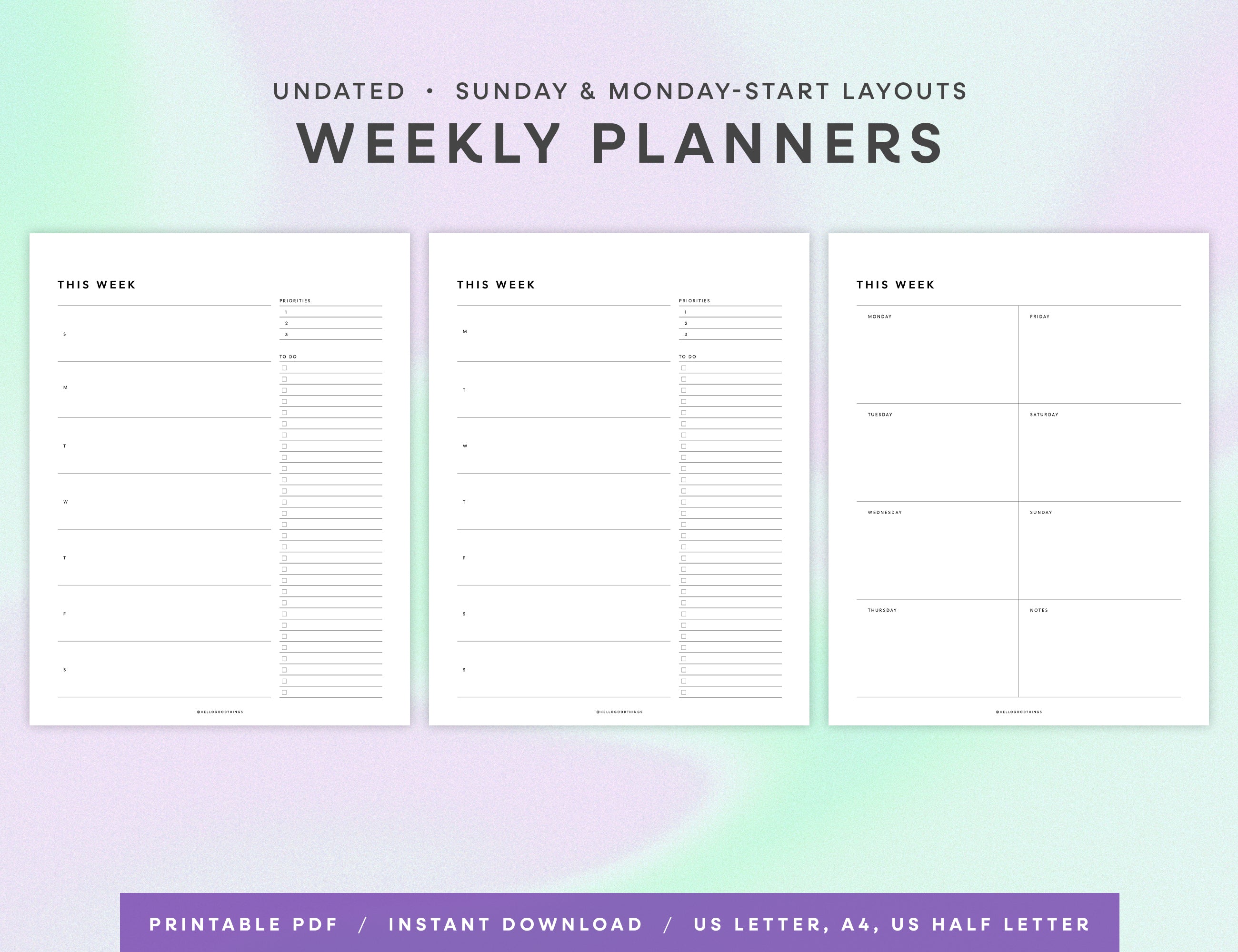 Weekly Planner Printables - Vertical (Letter, A4, Half Letter)