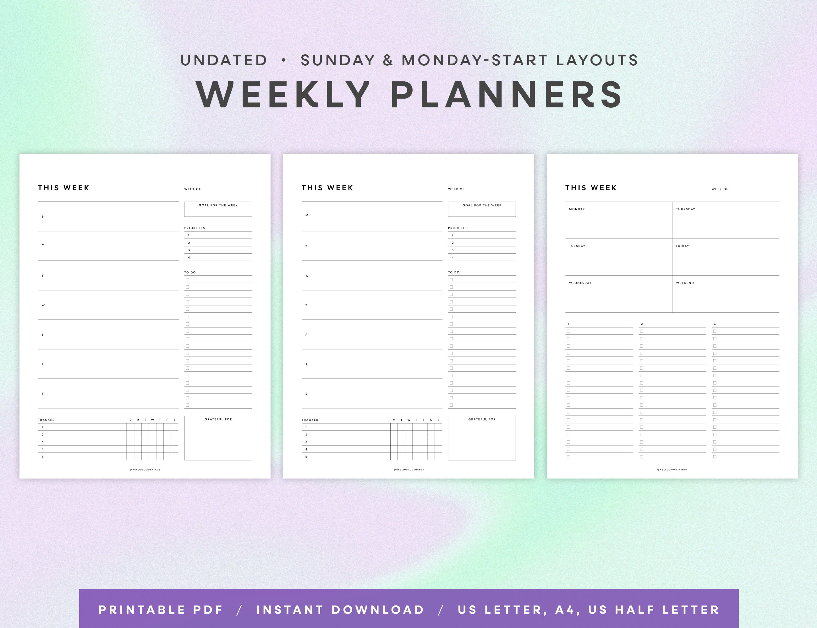 Weekly Planner Printables - Vertical (Letter, A4, Half Letter)