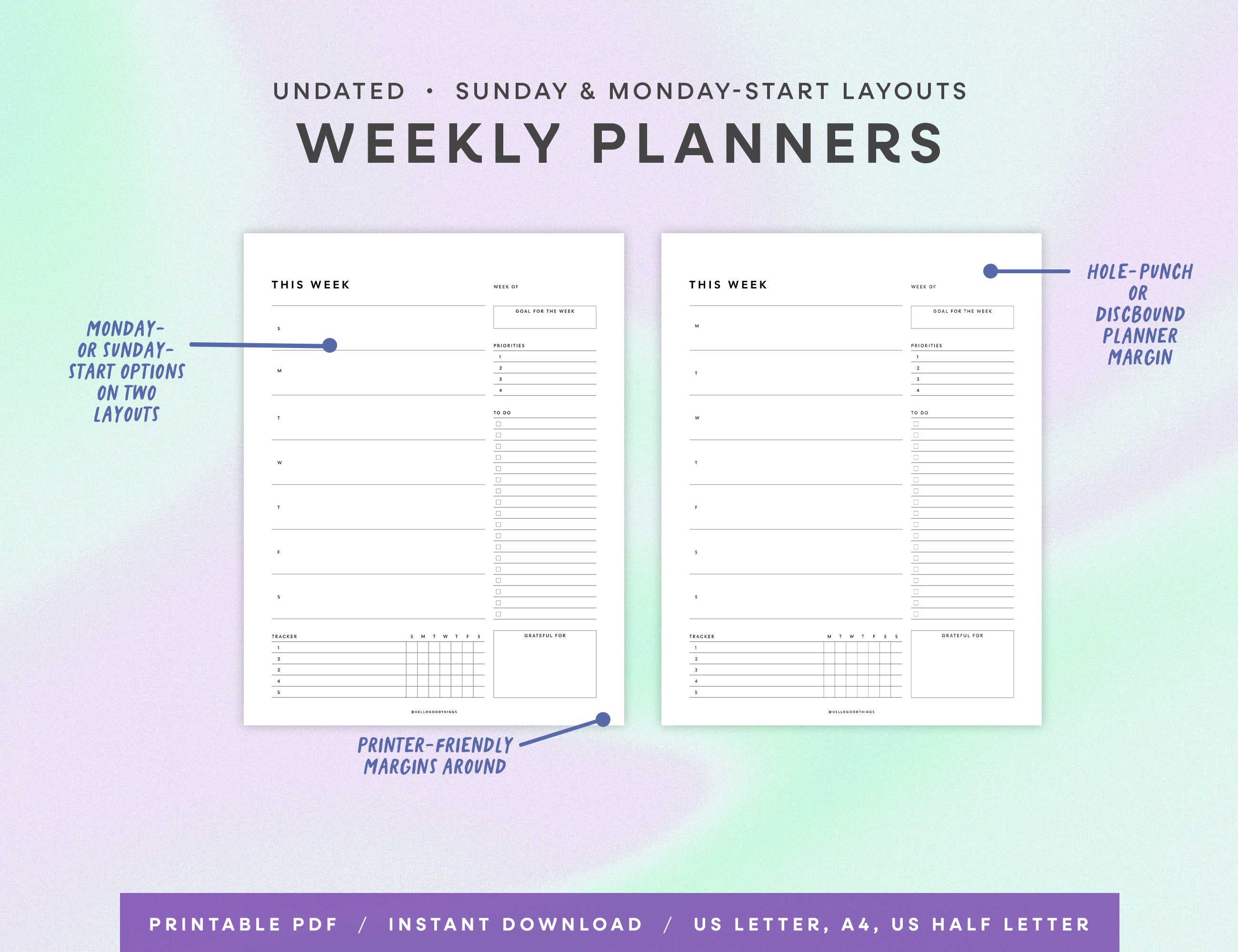 Weekly Planner Printables - Vertical (Letter, A4, Half Letter)