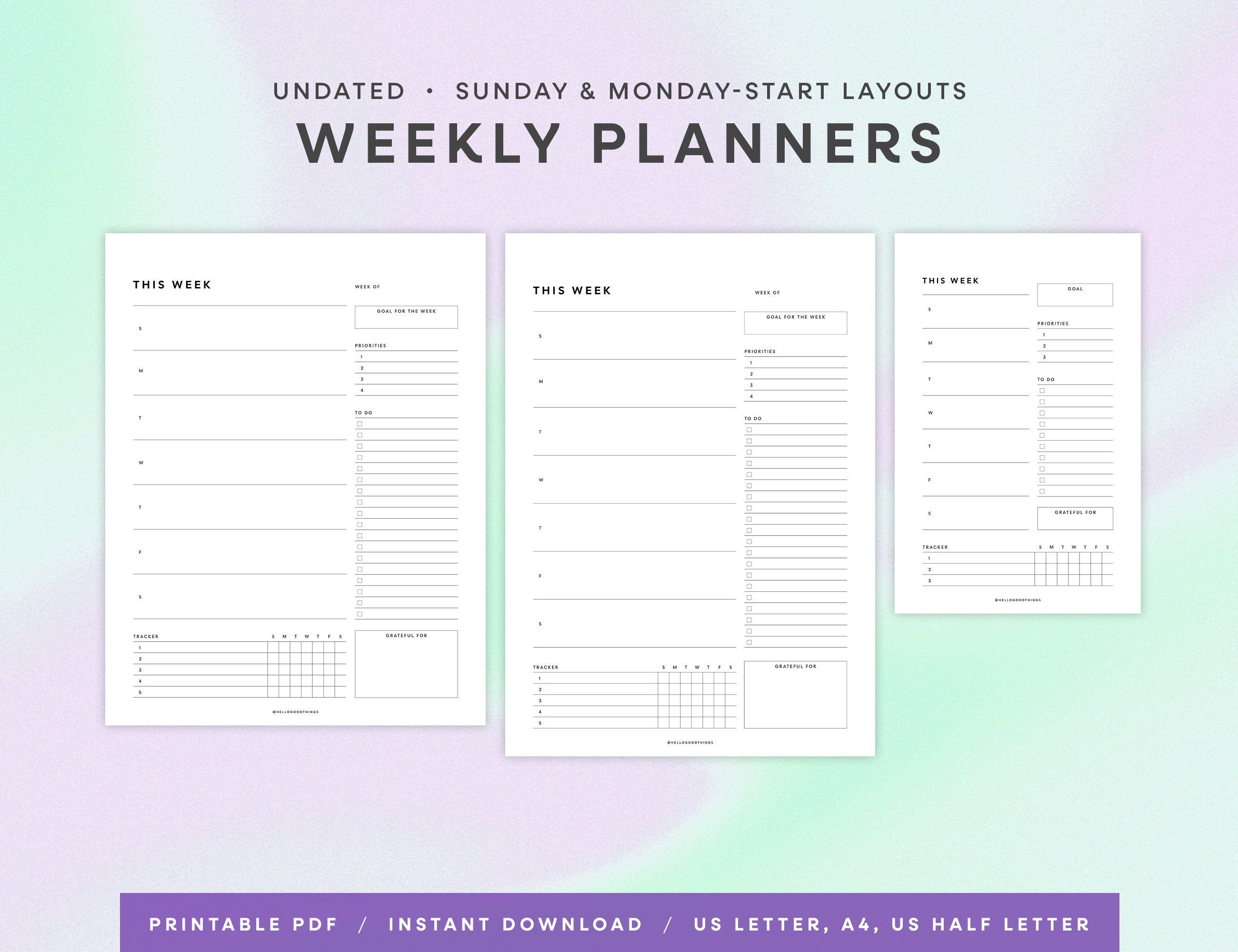 Weekly Planner Printables - Vertical (Letter, A4, Half Letter)