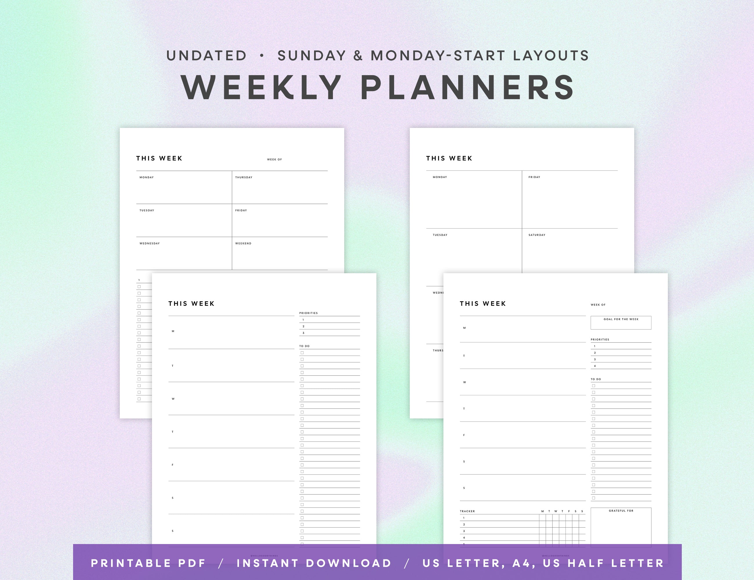 Weekly Planner Printables - Vertical (Letter, A4, Half Letter)