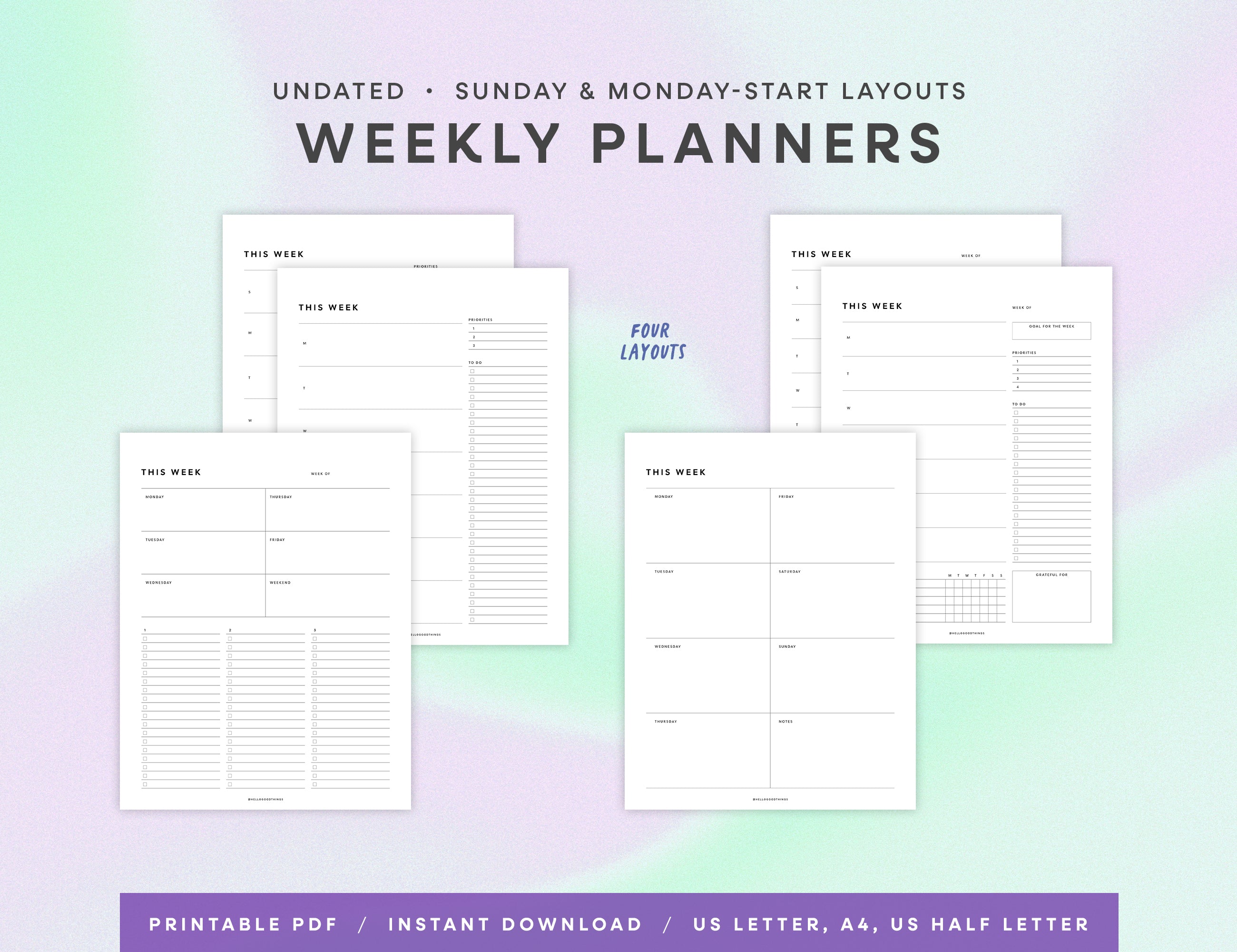 Weekly Planner Printables - Vertical (Letter, A4, Half Letter)