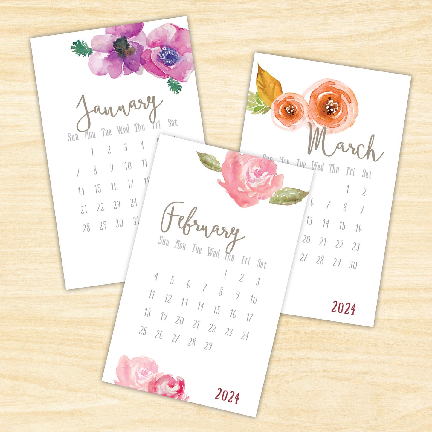 2024 Watercolor Flowers Mini Desk Calendar (Wood Base or Plastic Stand)
