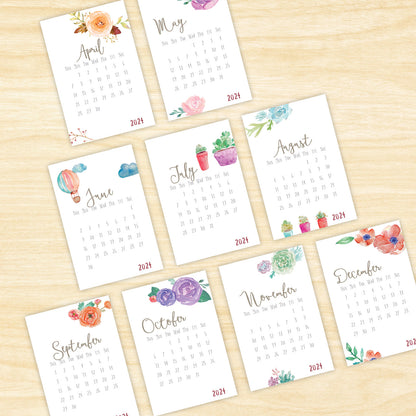 2024 Watercolor Flowers Mini Desk Calendar (Wood Base or Plastic Stand)