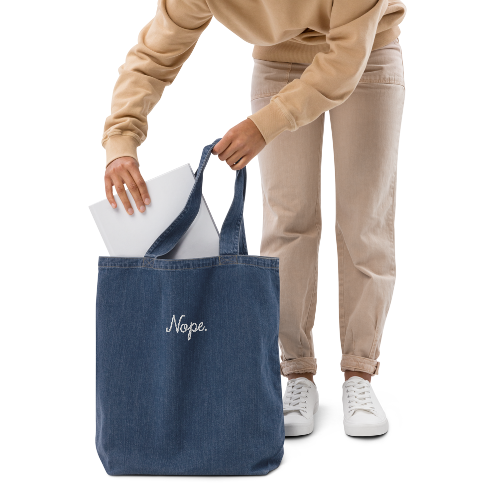 Nope Embroidered Denim Tote Bag