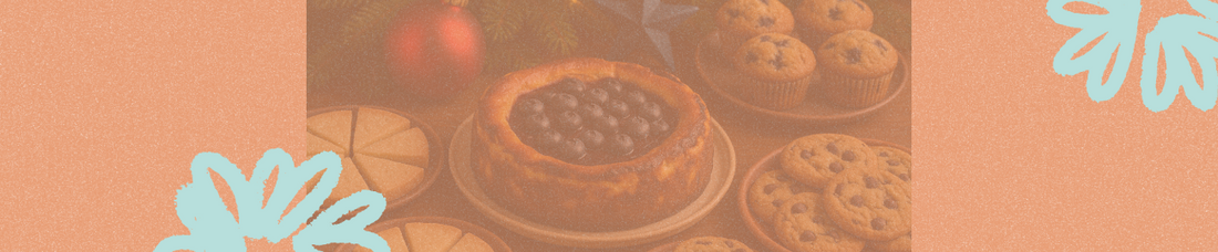 Good Things Blog. Orange background with light blue floral scribbles on the top right and bottom left corners. In the middle, a faded photo featuring a blueberry cheesecake, blueberry muffins, chocolate chip cookies, and shortbread cookies.