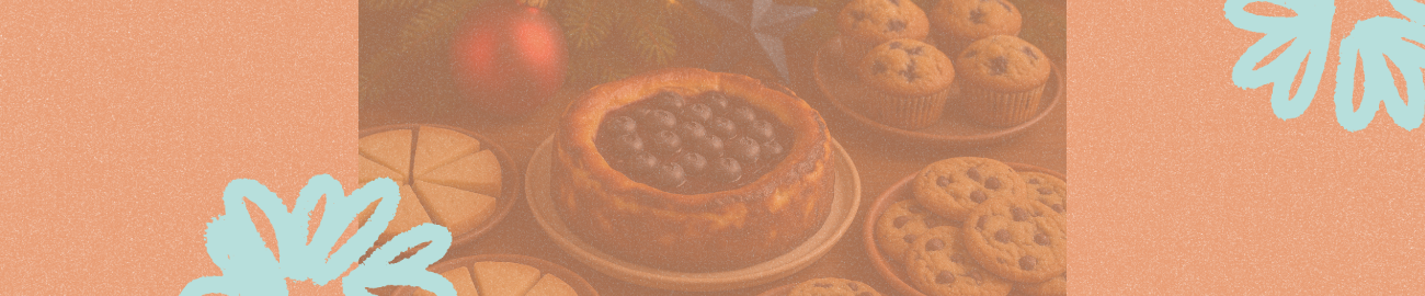 Good Things Blog. Orange background with light blue floral scribbles on the top right and bottom left corners. In the middle, a faded photo featuring a blueberry cheesecake, blueberry muffins, chocolate chip cookies, and shortbread cookies.