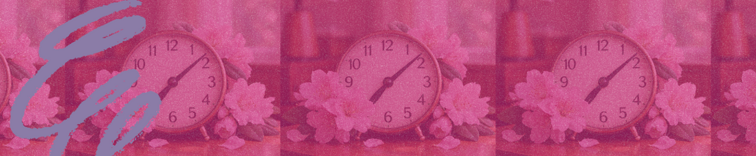 Collage style image of a round small desk clock surrounded by rhododendron flowers