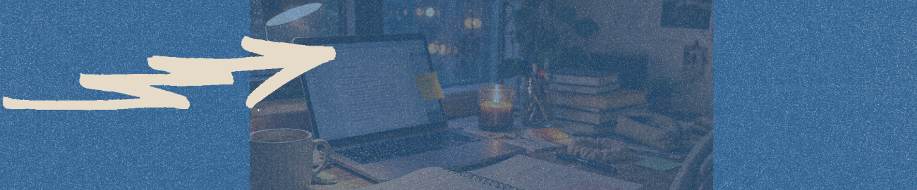 Cozy nighttime workspace with laptop, notebooks, candlelight, and rainy window in soft blue tones.