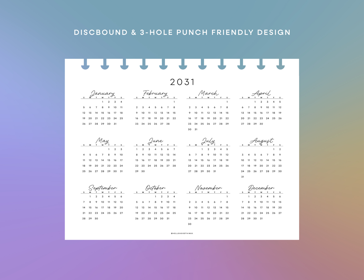 2027 - 2031 Calendars, Horizontal (Letter, A4)