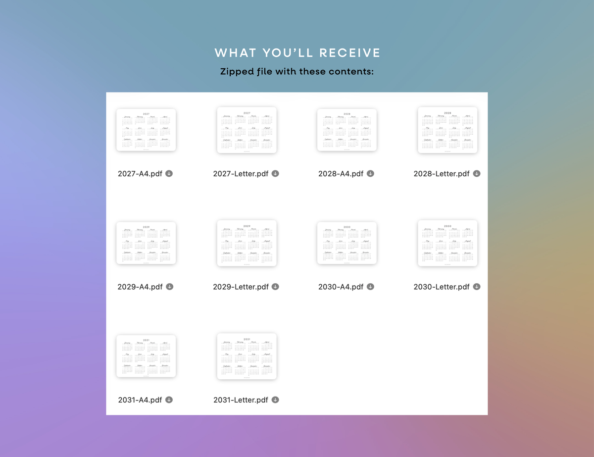 2027 - 2031 Calendars, Horizontal (Letter, A4)