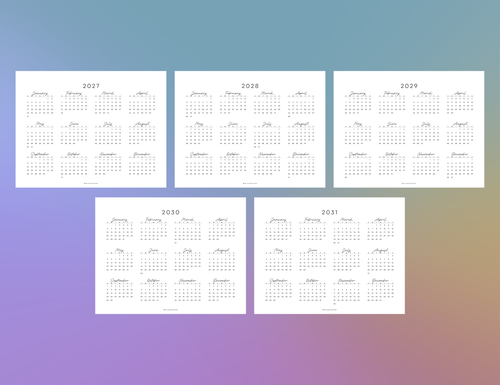 2027 - 2031 Calendars, Horizontal (Letter, A4)