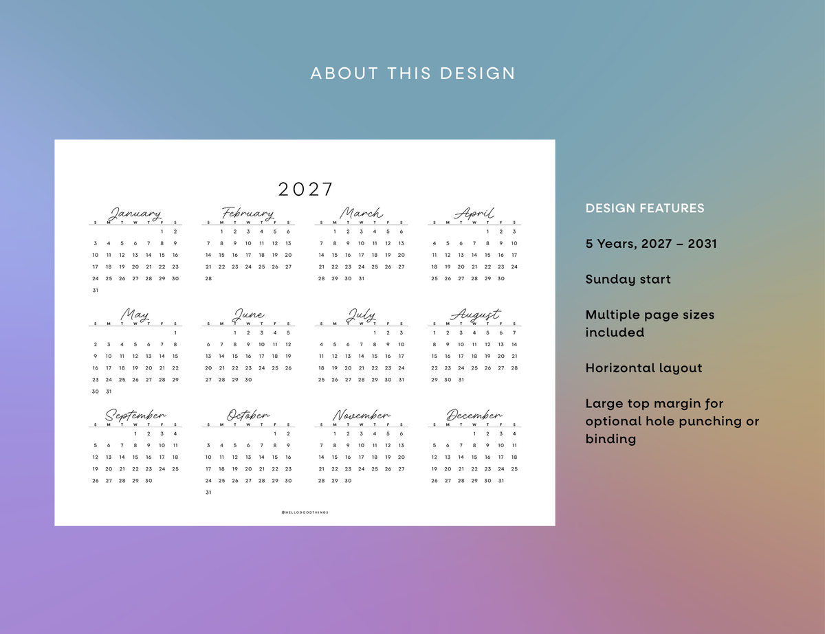 2027 - 2031 Calendars, Horizontal (Letter, A4)