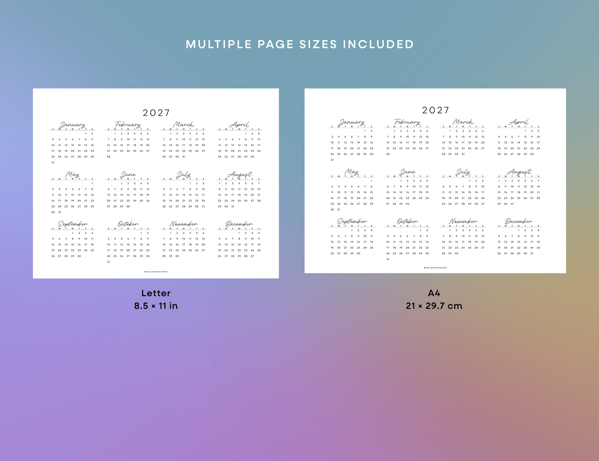 2027 - 2031 Calendars, Horizontal (Letter, A4)