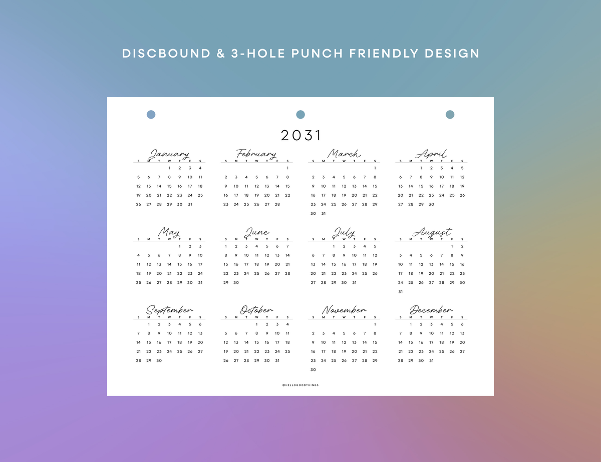 2027 - 2031 Calendars, Horizontal (Letter, A4)