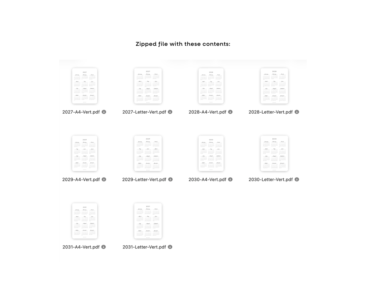 2027 - 2031 Calendars, Vertical (Letter, A4)
