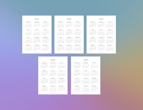 2027 - 2031 Calendars, Vertical (Letter, A4)