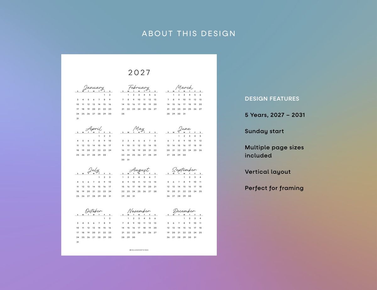 2027 - 2031 Calendars, Vertical (Letter, A4)