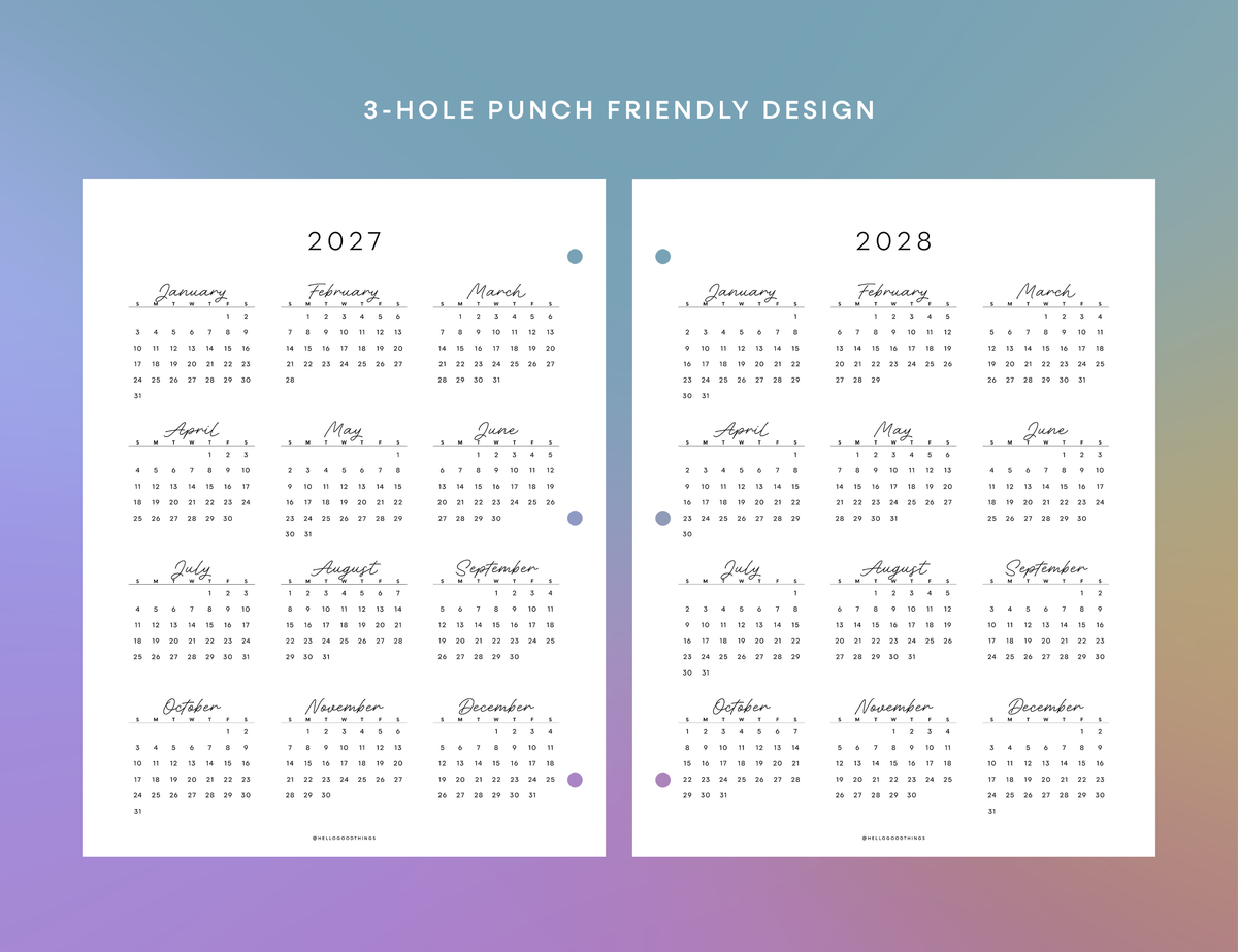 2027 - 2031 Calendars, Vertical (Letter, A4)