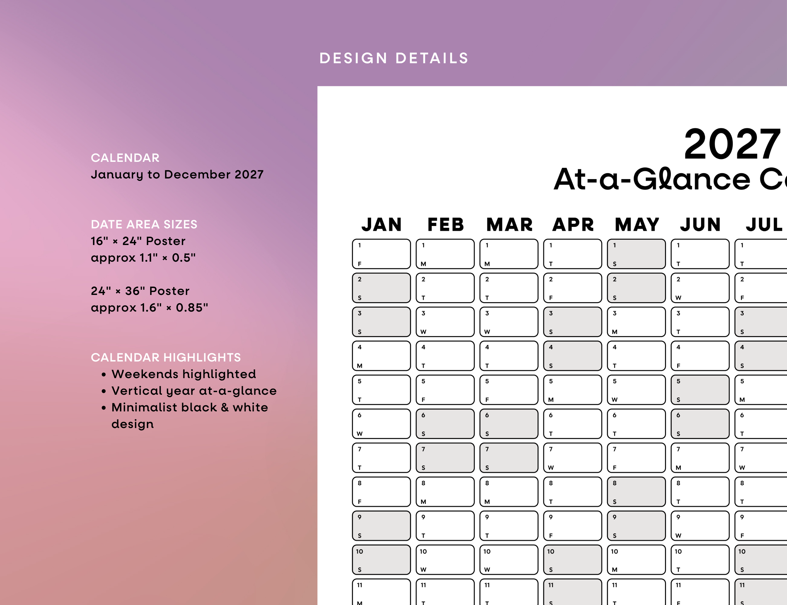 2027 Wall Poster Calendar - At-a-Glance Calendar (Black & White)