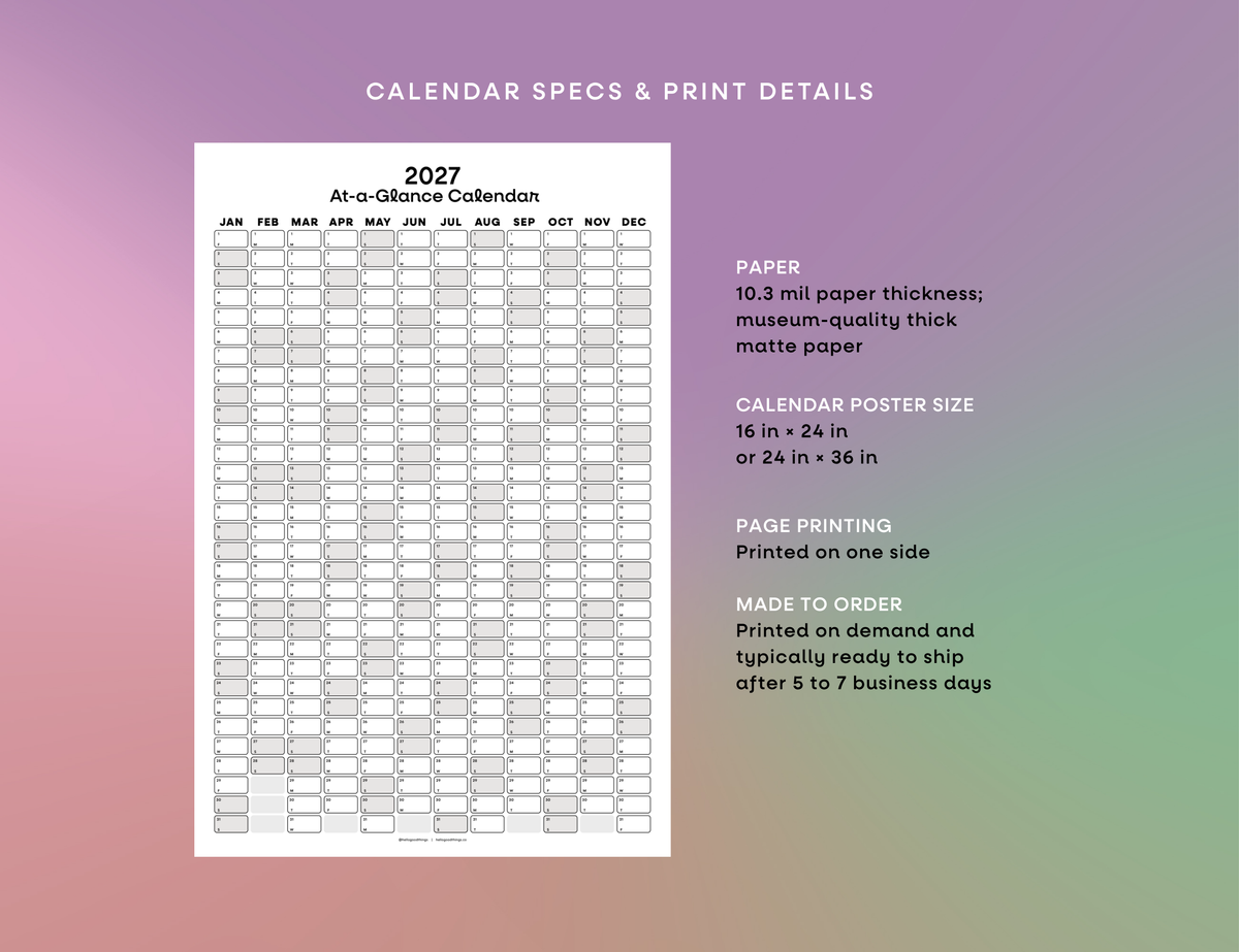 2027 Wall Poster Calendar - At-a-Glance Calendar (Black & White)
