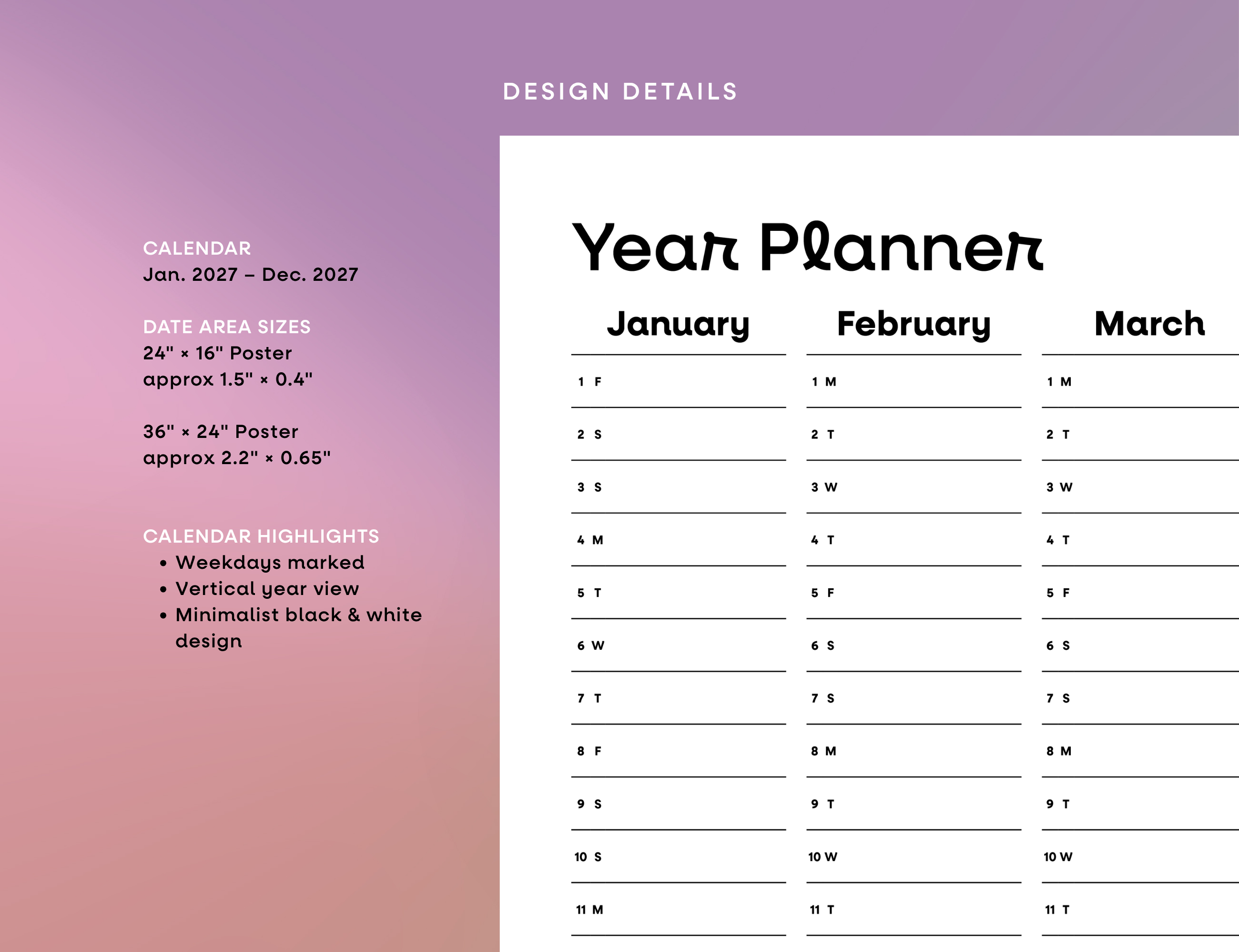 2027 Wall Poster Calendar - Year Planner (Black & White)