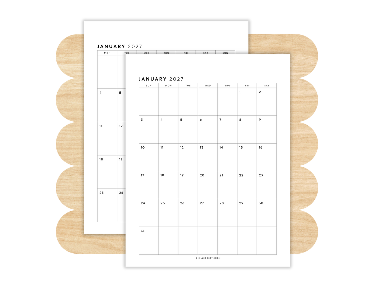 2027 Monthly Calendar Printable (Letter, Tabloid, A4, A3)