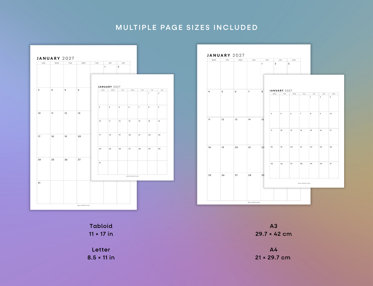 2027 Monthly Calendar Printable (Letter, Tabloid, A4, A3)