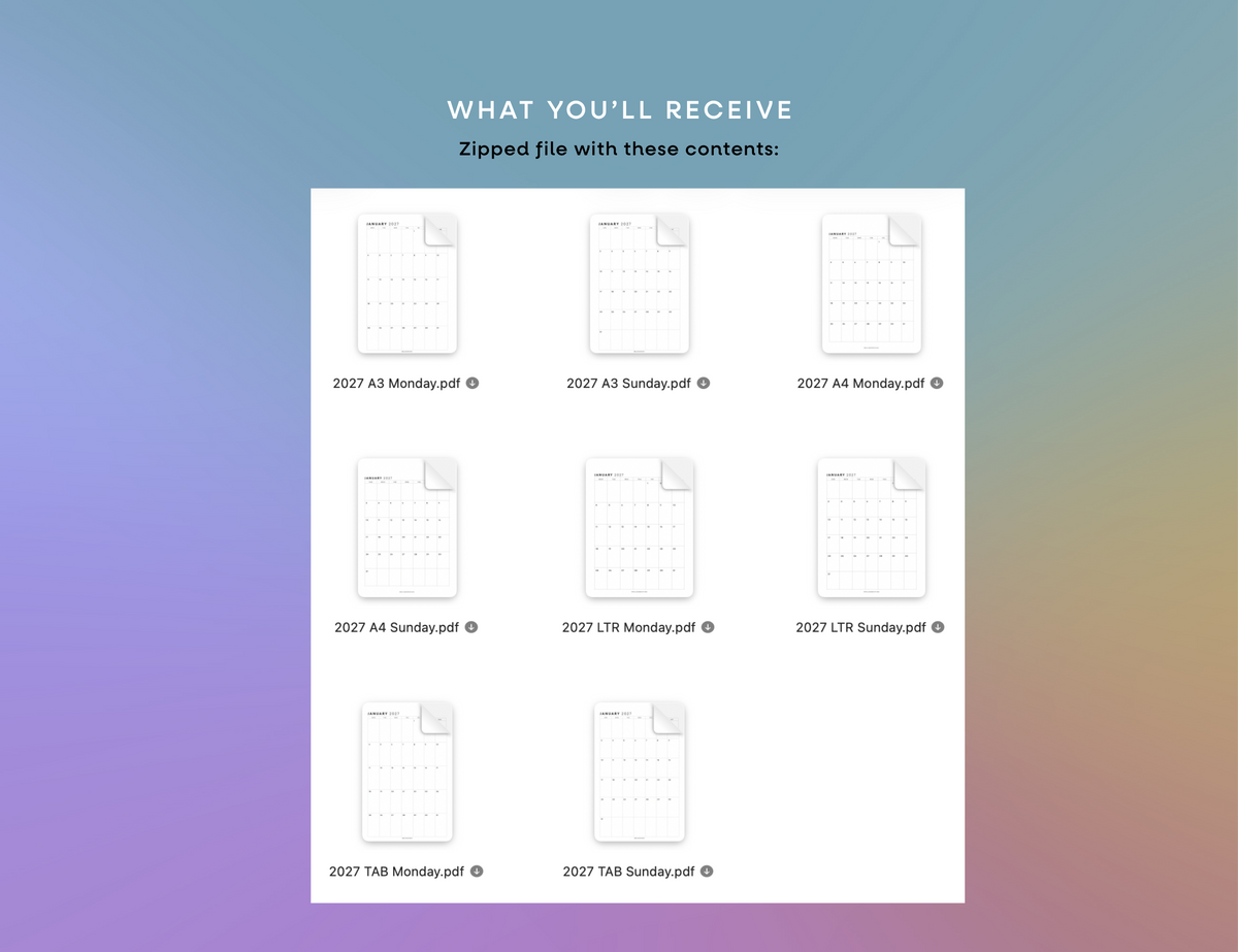 2027 Monthly Calendar Printable (Letter, Tabloid, A4, A3)
