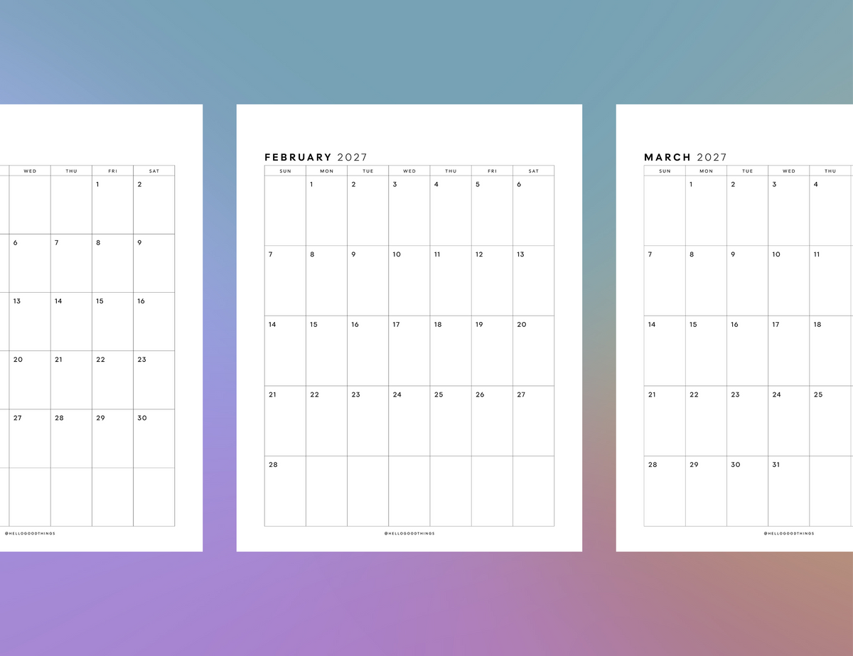 2027 Monthly Calendar Printable (Letter, Tabloid, A4, A3)