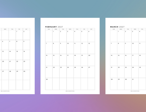 2027 Monthly Calendar Printable (Letter, Tabloid, A4, A3)