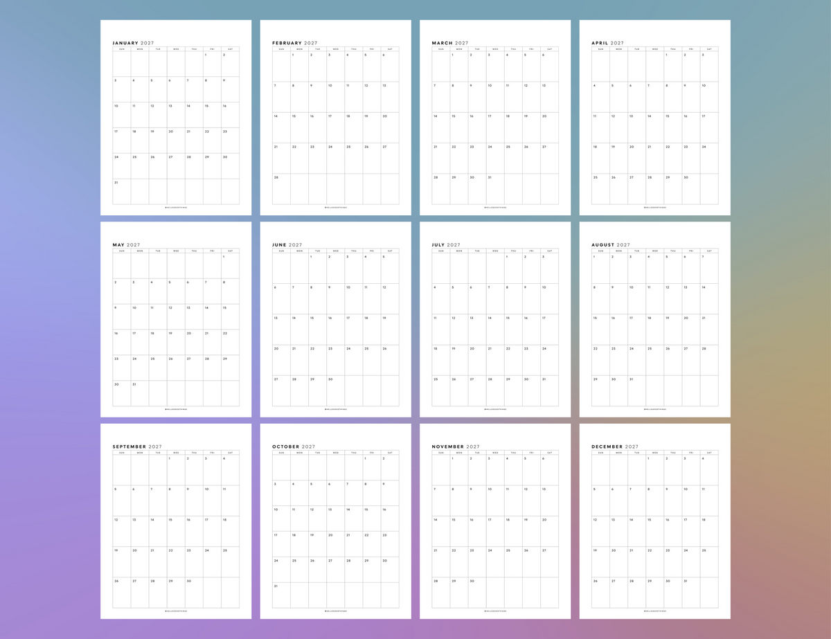 2027 Monthly Calendar Printable (Letter, Tabloid, A4, A3)