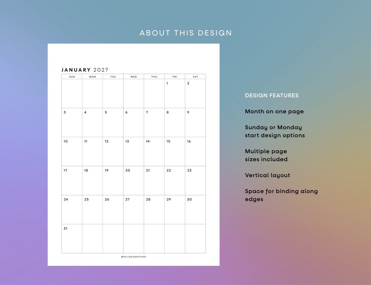 2027 Monthly Calendar Printable (Letter, Tabloid, A4, A3)