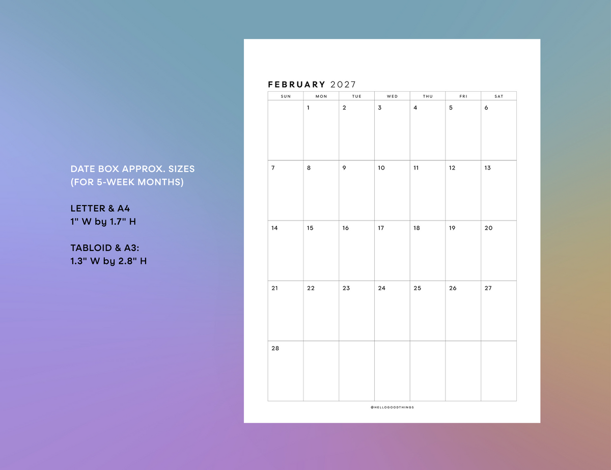 2027 Monthly Calendar Printable (Letter, Tabloid, A4, A3)