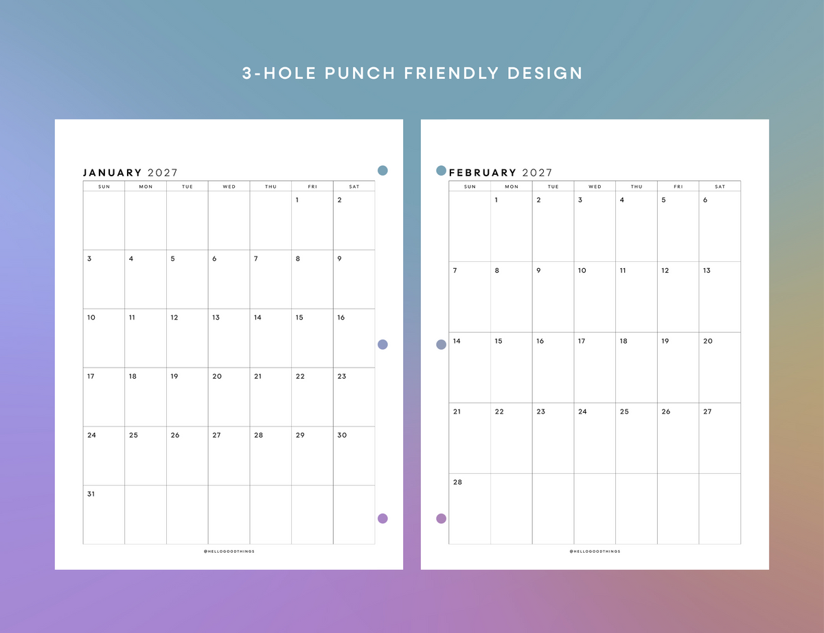 2027 Monthly Calendar Printable (Letter, Tabloid, A4, A3)