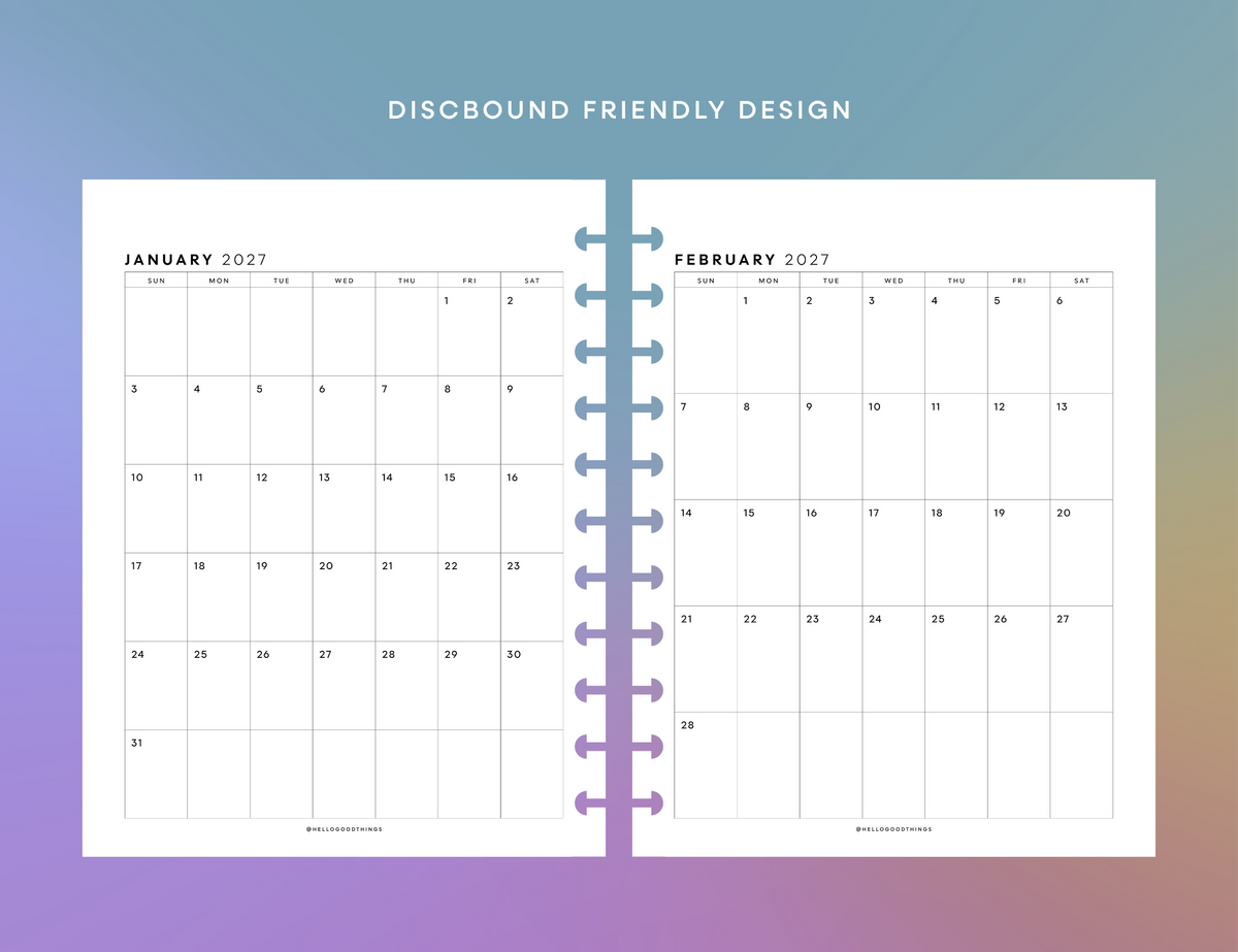 2027 Monthly Calendar Printable (Letter, Tabloid, A4, A3)