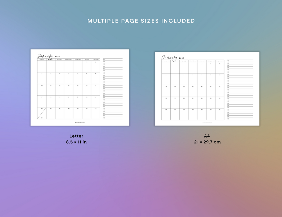 2027 Month + To Dos Printable (Letter, A4)