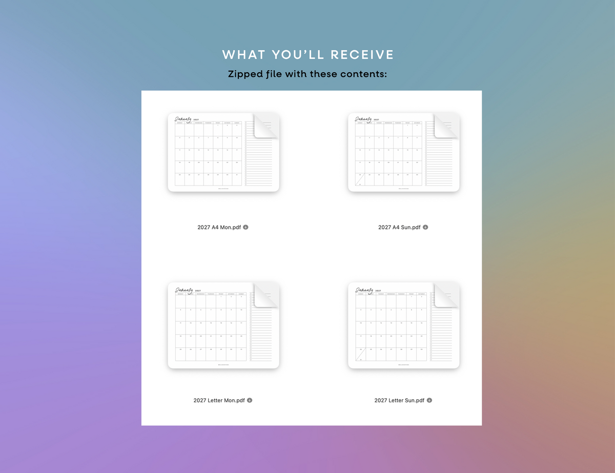 2027 Month + To Dos Printable (Letter, A4)