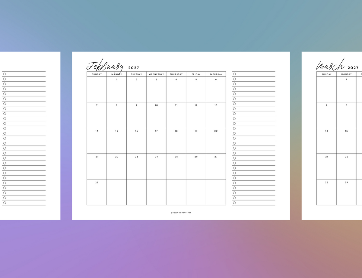 2027 Month + To Dos Printable (Letter, A4)