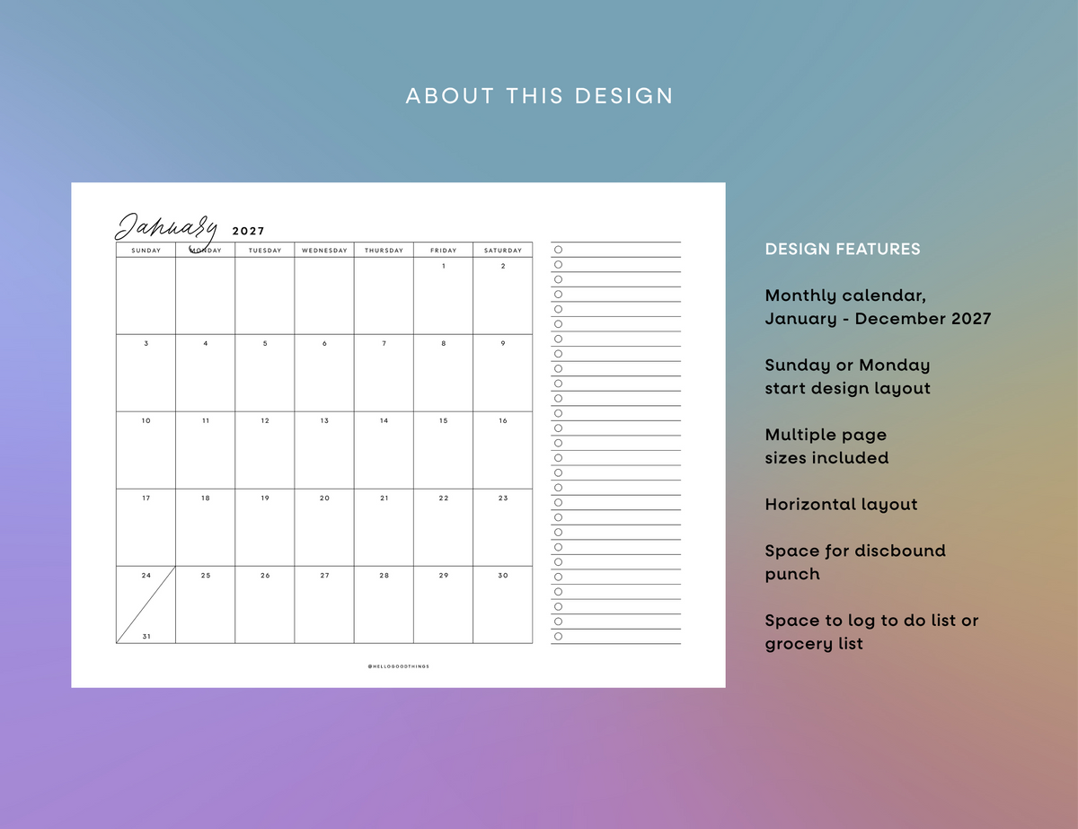 2027 Month + To Dos Printable (Letter, A4)
