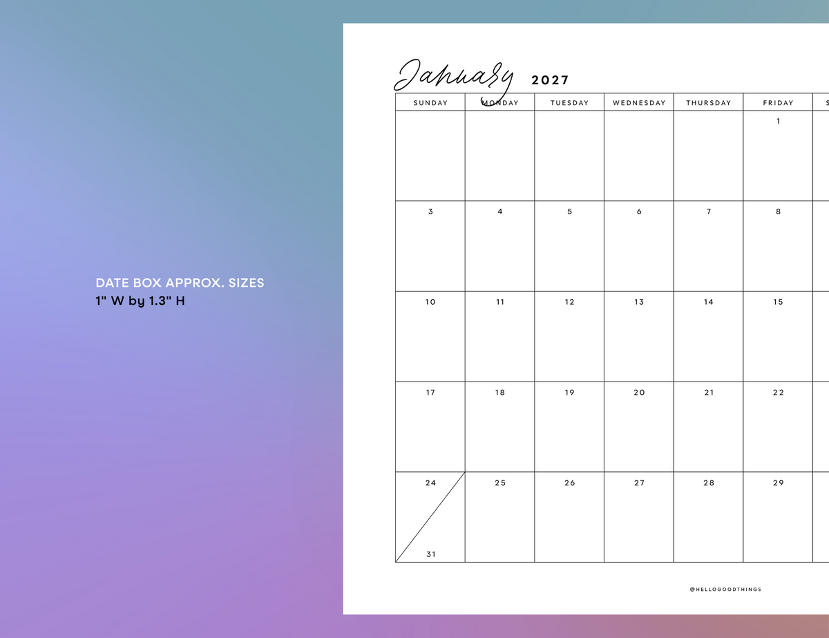 2027 Month + To Dos Printable (Letter, A4)