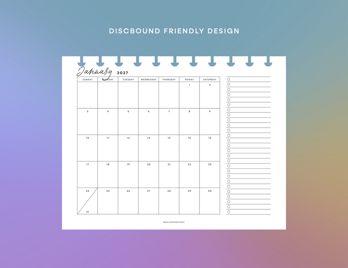 2027 Month + To Dos Printable (Letter, A4)