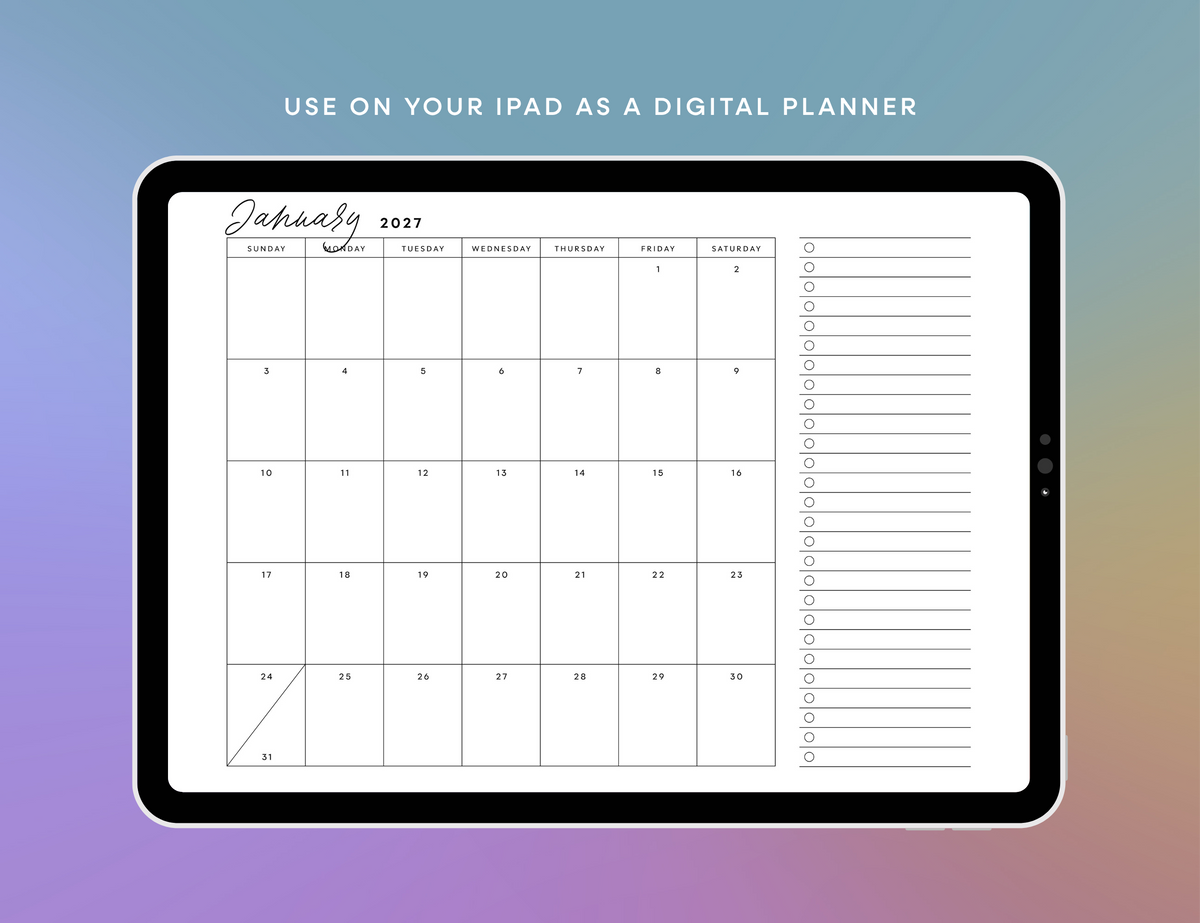 2027 Month + To Dos Printable (Letter, A4)