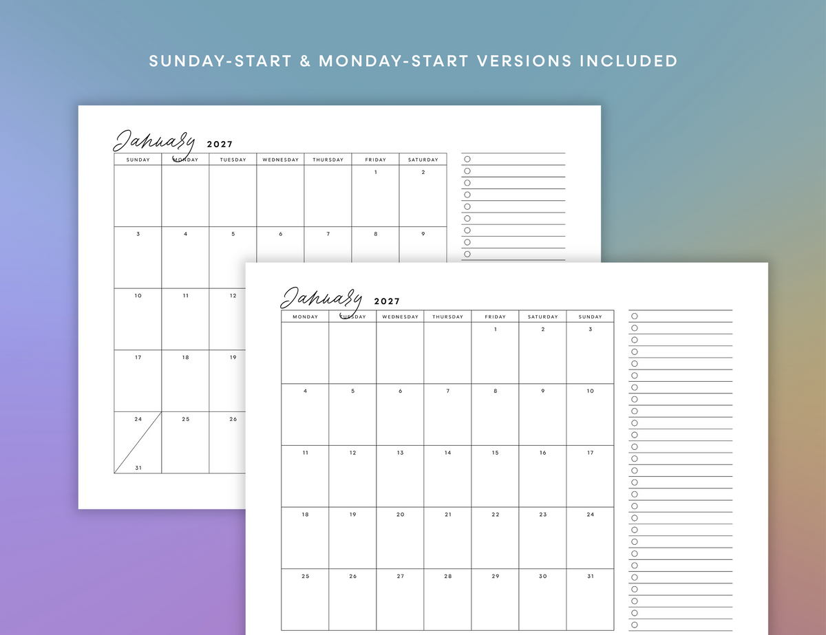 2027 Month + To Dos Printable (Letter, A4)